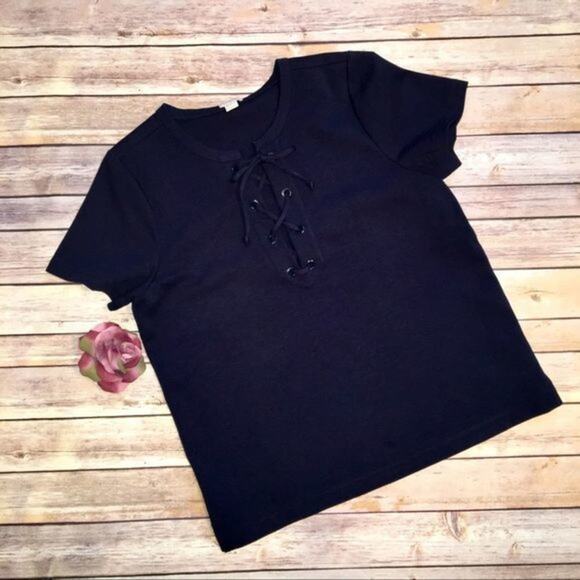 J Crew Factory Navy Lace Up Short Sleeve Tee M - Picture 1 of 4